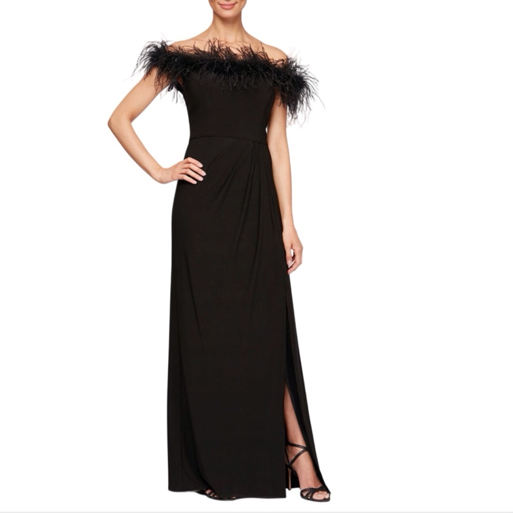 Alex Evenings Off The Shoulder Jersey Gown Maribou Neckline Black Slit Size 4